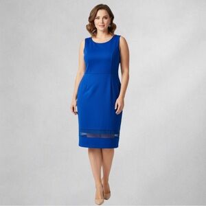MBN Women’s Plus 1X Sleeveless Sheath Dress Blue Mesh Hem Holiday Workwear
